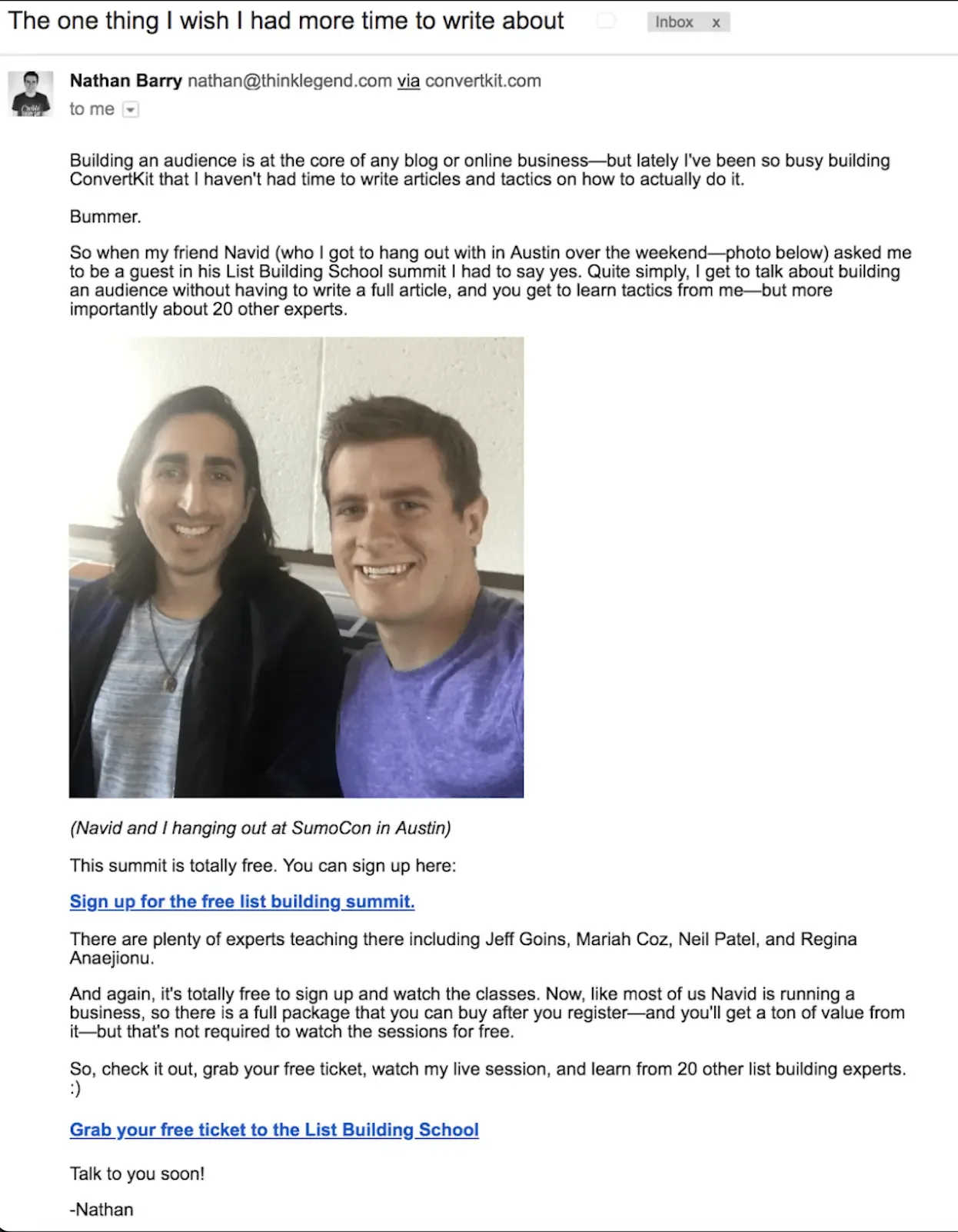 Nathan Barry's email promoting List Building School