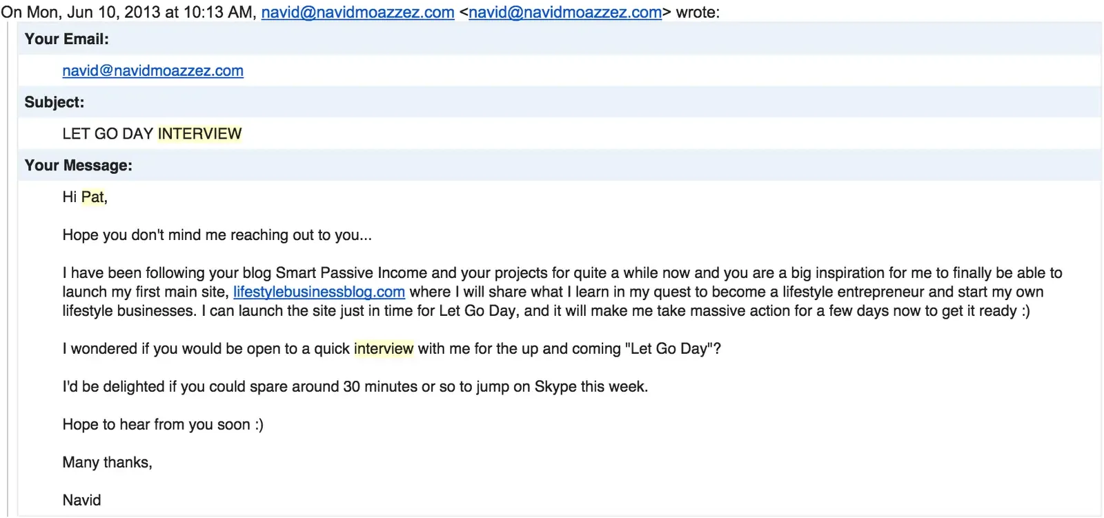 Navid Moazzez's first outreach email to Pat Flynn in June 2013