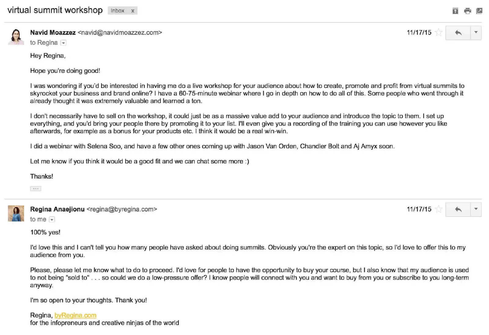 How to build relationships with influencers - influencer outreach email for JV partnership workshop with Regina