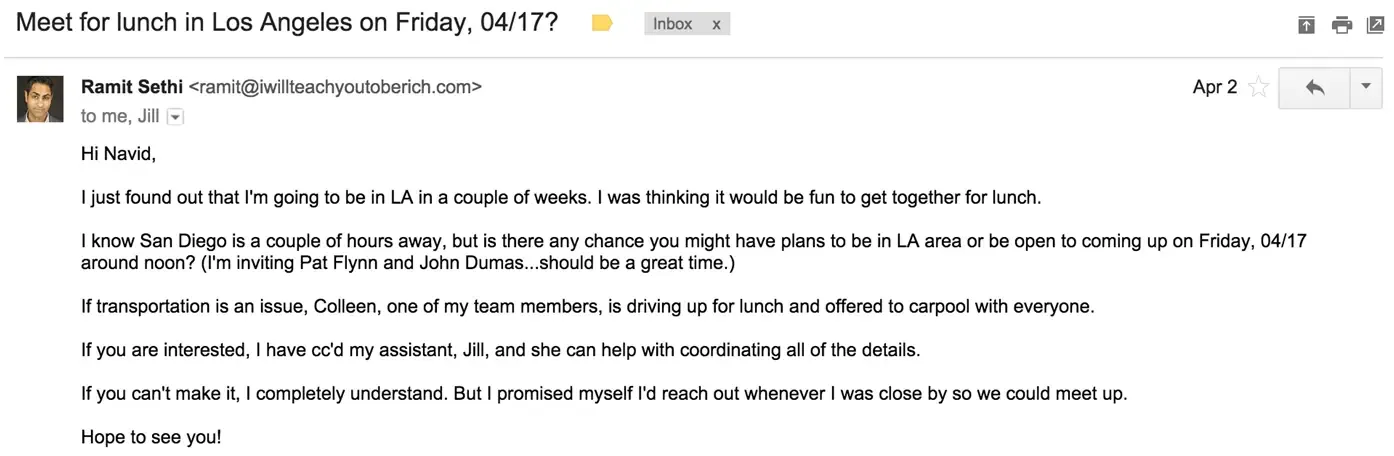 How to monetize virtual events with affiliate marketing: Ramit Sethi’s lunch invite to Navid Moazzez