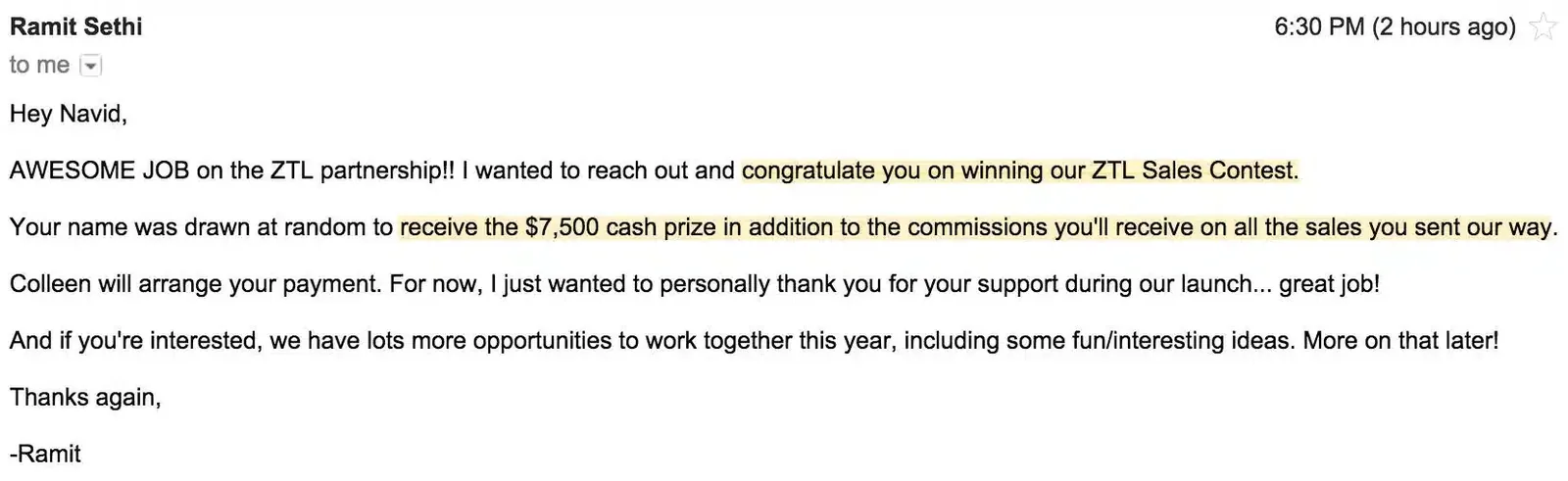 Monetize virtual events with affiliate marketing: Ramit Sethi’s sales contest prize email to Navid Moazzez