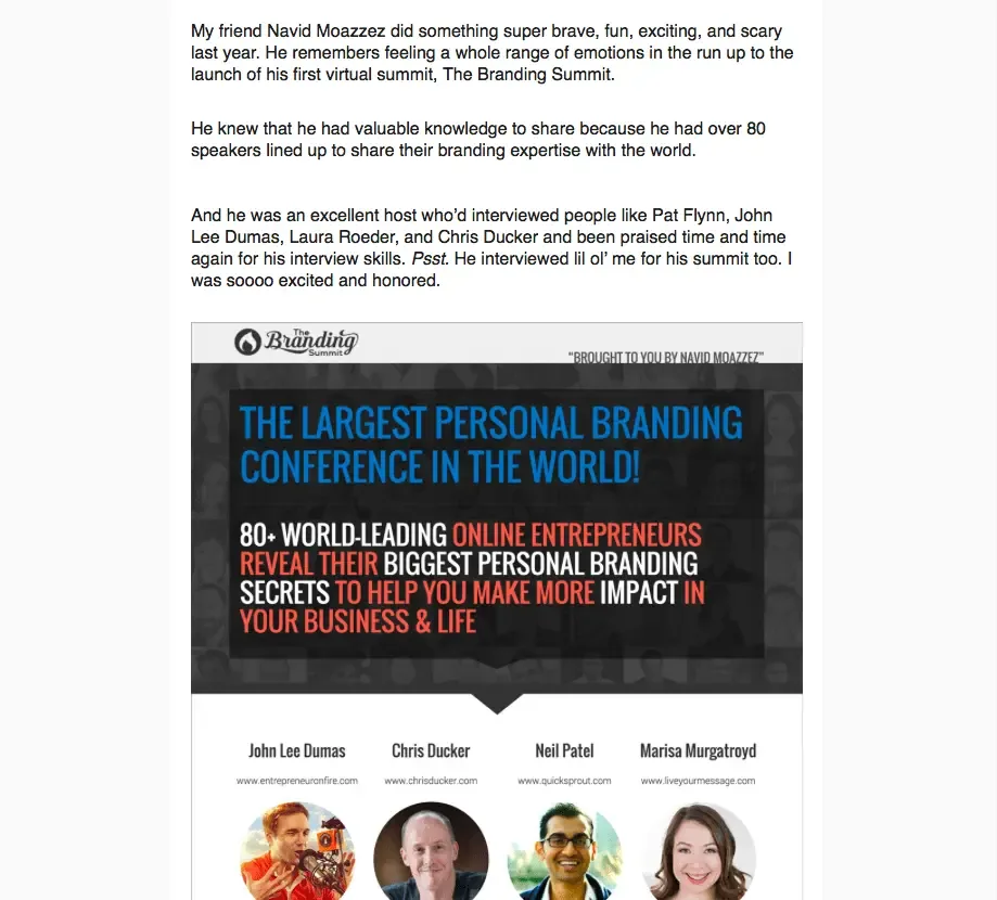 Building relationships with influencers - Regina email promo for The Branding Summit