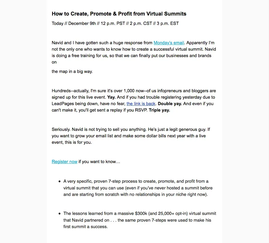 Building relationships with influencers - Virtual summit workshop email promotion