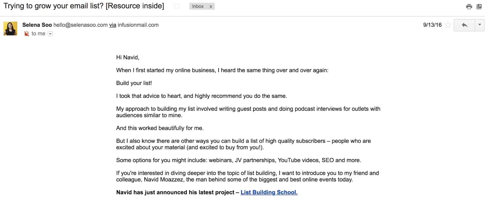 Selena Soo's email promoting List Building School