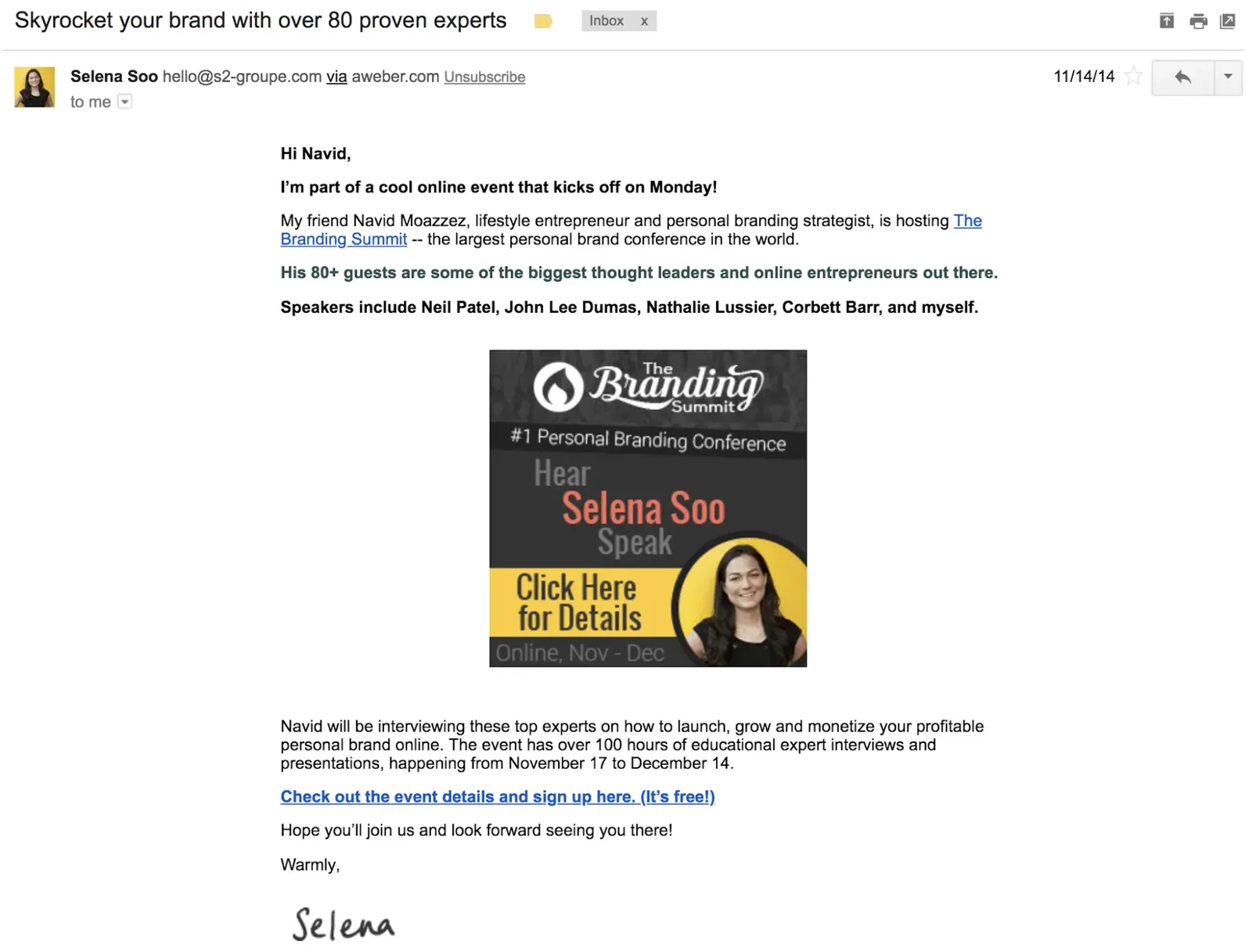 How to build relationships with influencers - Selena Soo email promotion for The Branding Summit