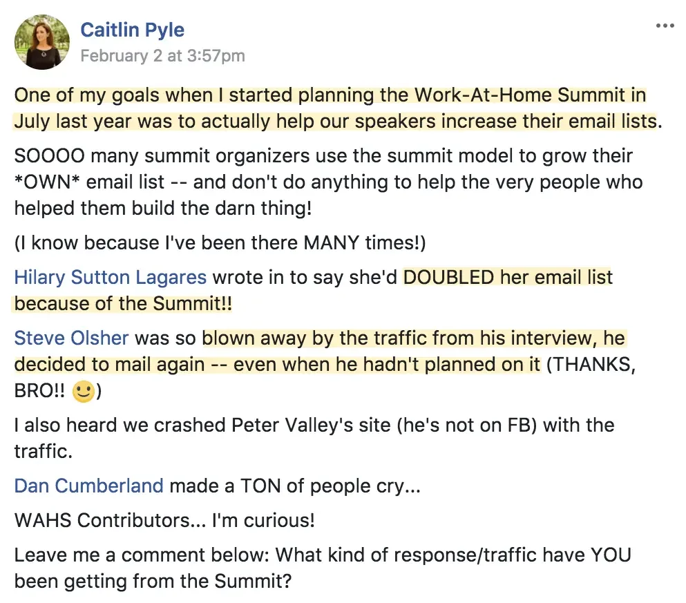 Promoting virtual events: Caitlin Pyle's Work-At-Home Summit grew her speakers' email lists