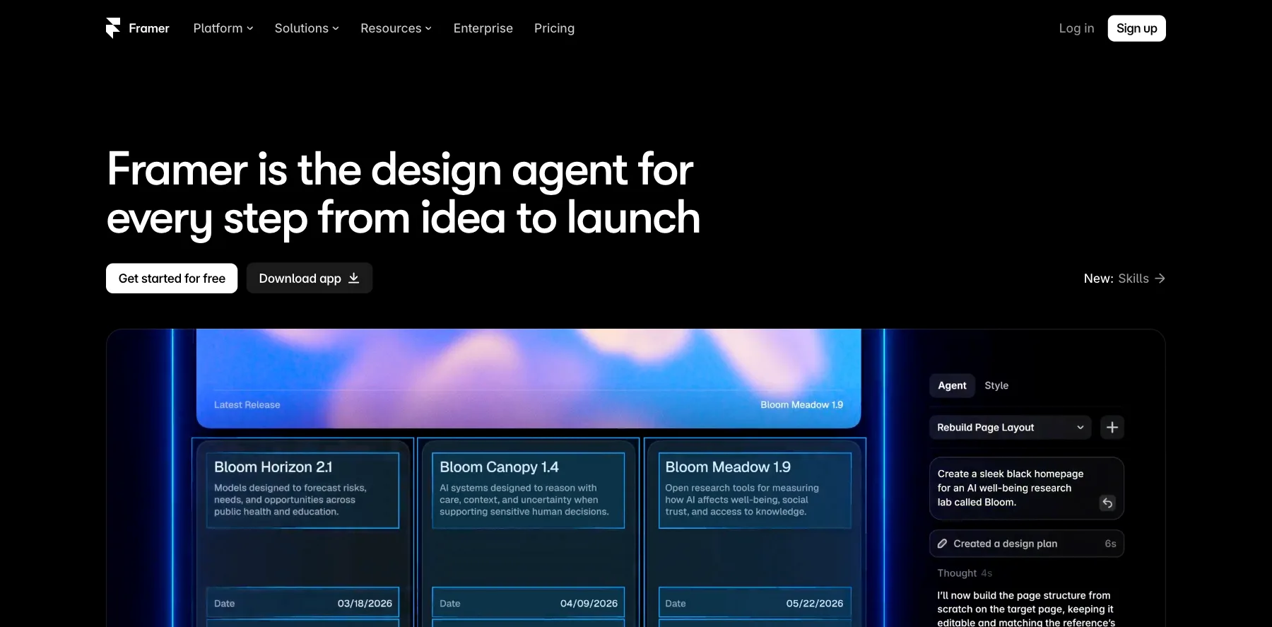 Framer's home page: the design agent for every step from idea to launch