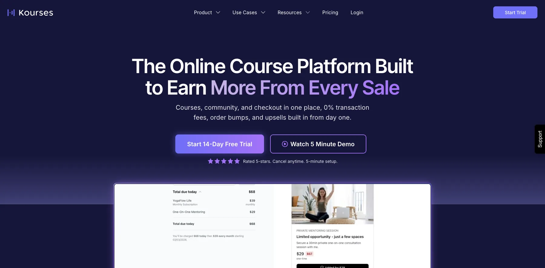 Kourses' home page: the online course platform built to earn more from every sale