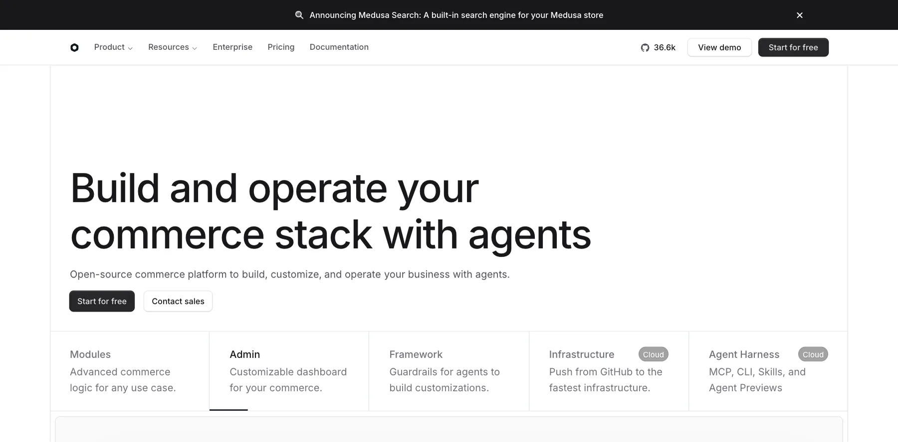 Medusa's home page: build and operate your commerce stack with agents