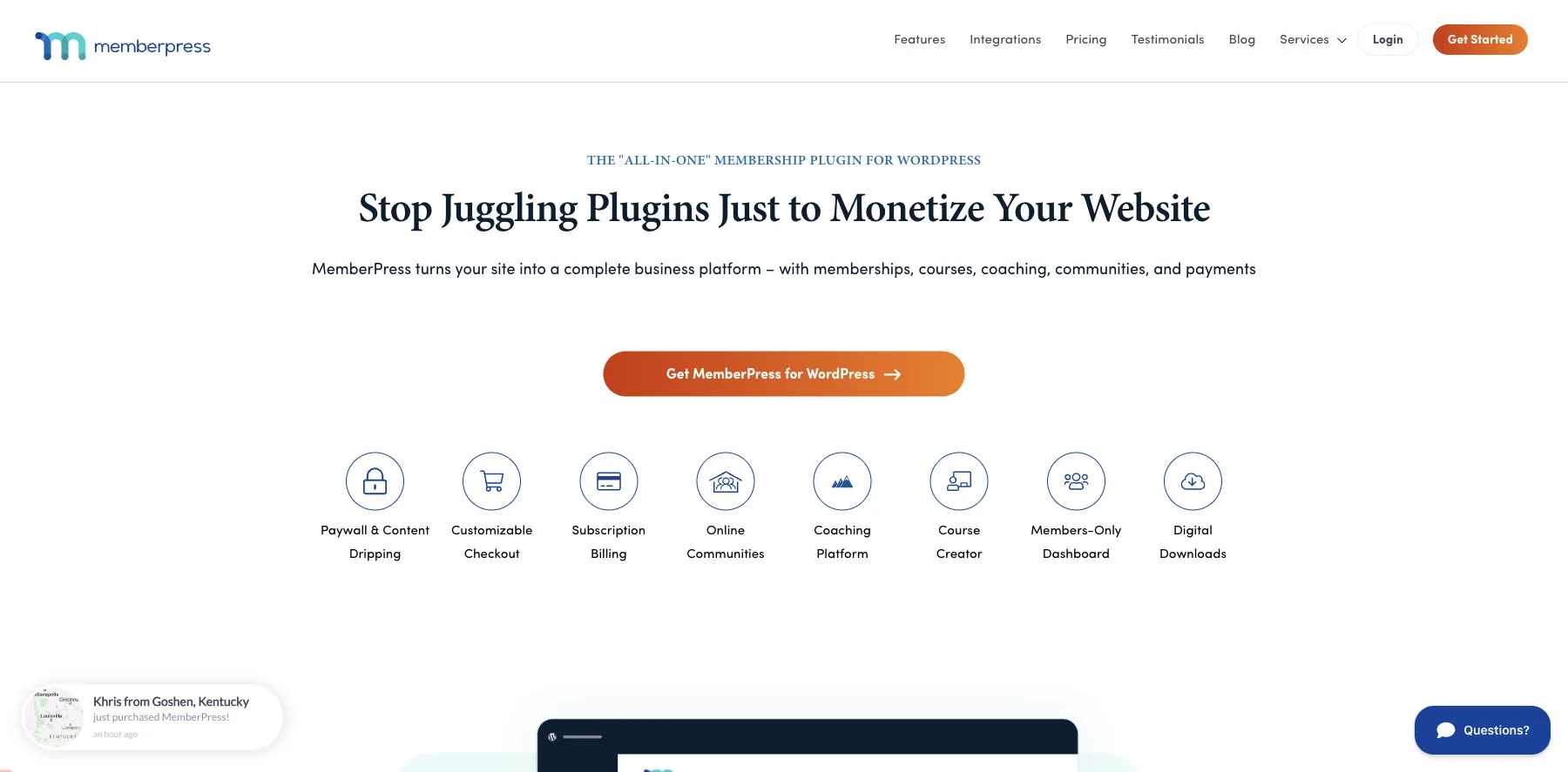 MemberPress's home page: stop juggling plugins just to monetize your website