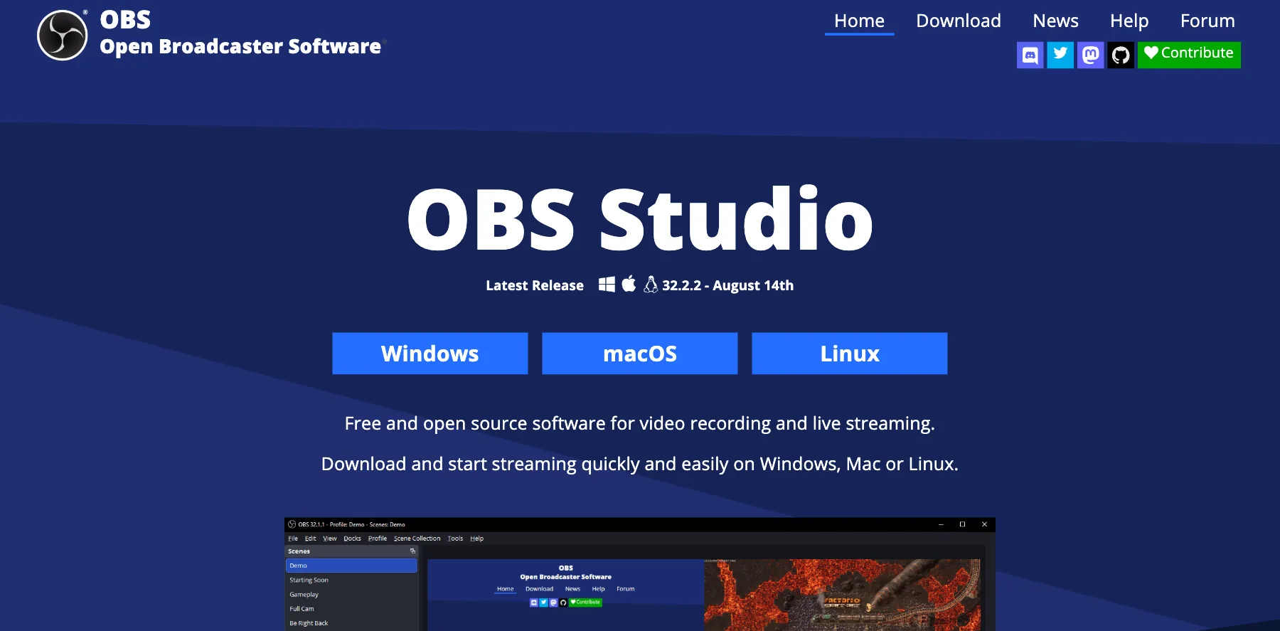 OBS Studio's home page: free and open source software for video recording and live streaming