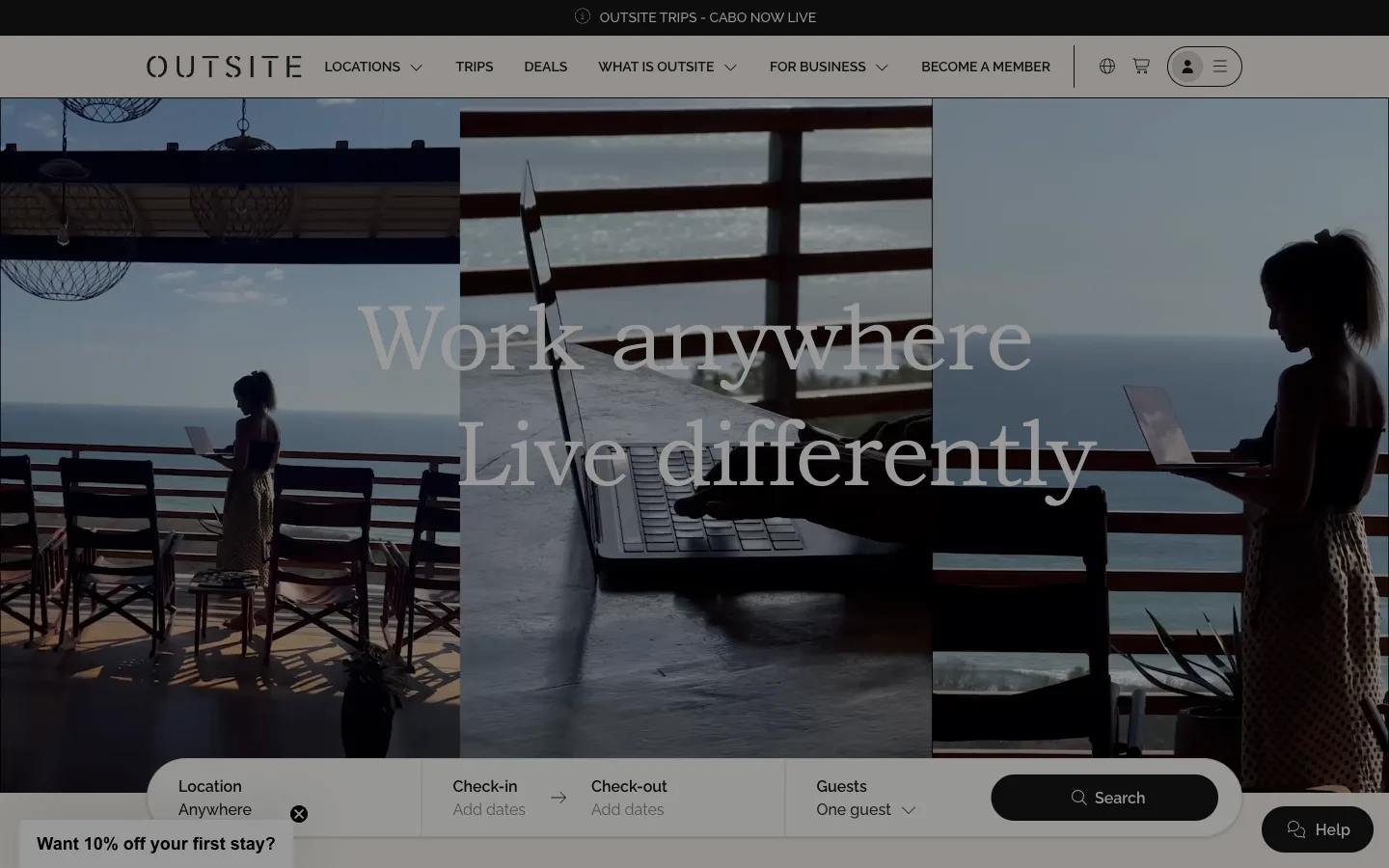 Outsite's home page: work anywhere, live differently
