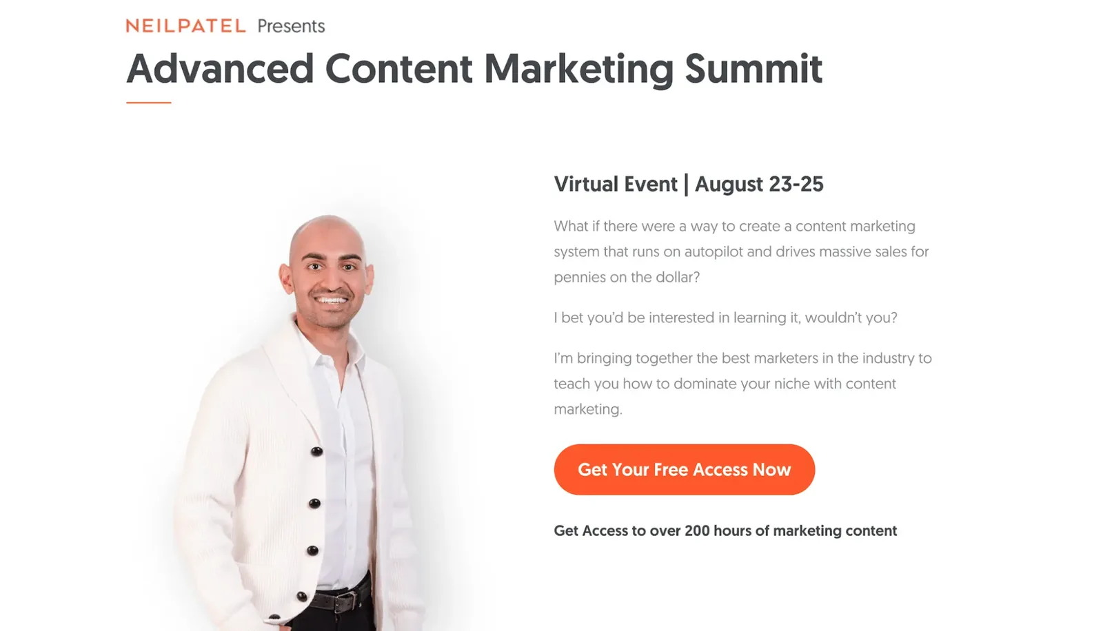 Best virtual event examples, Advanced Content Marketing Summit Neil Patel