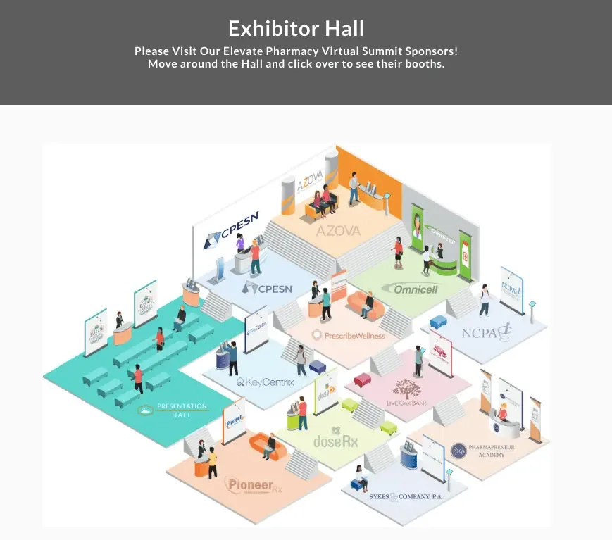 Virtual event exhibitor hall at Blair Green’s Elevate Pharmacy Summit