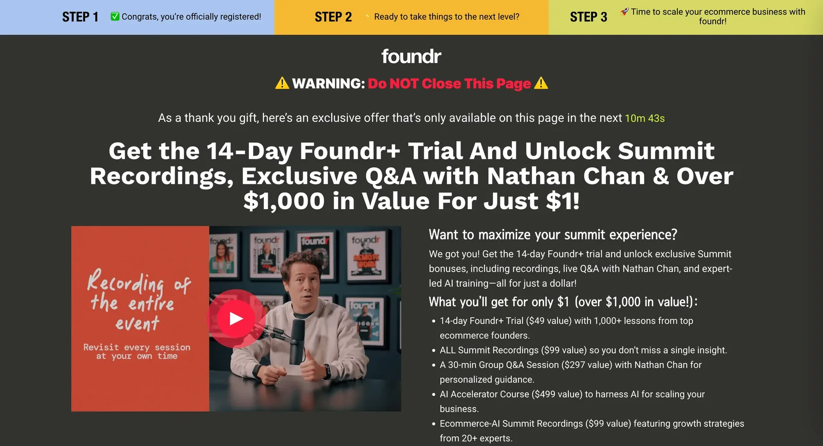 How to monetize virtual events: the Foundr Summit membership trial offer