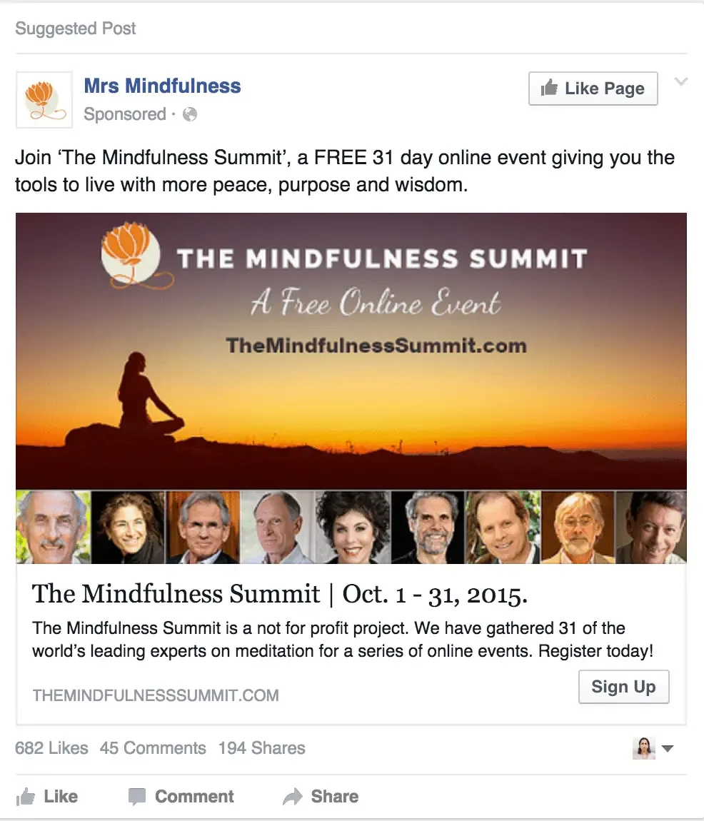 Mindfulness Summit FD ads, Best virtual event examples