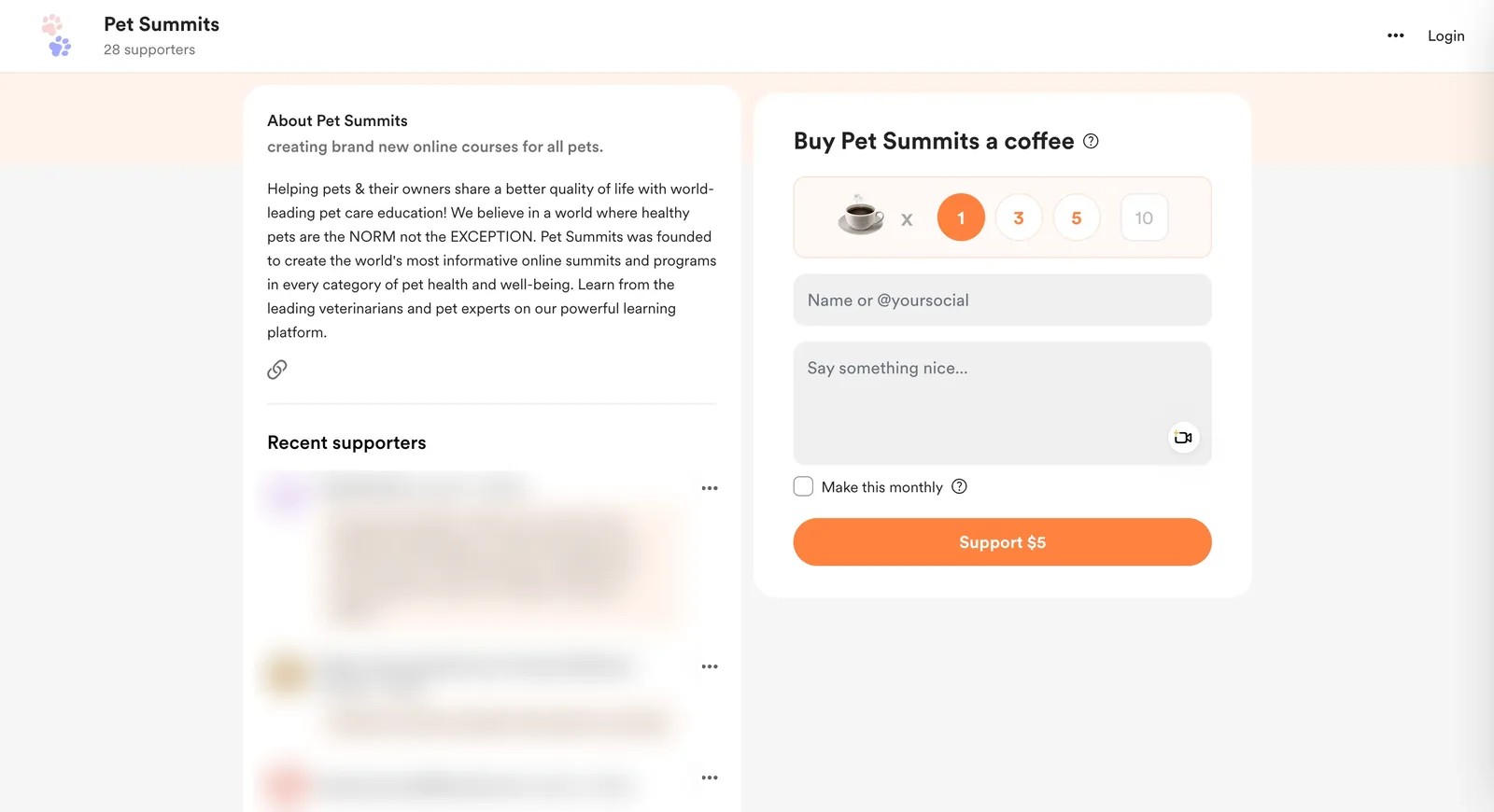 Making money from virtual events with tips: the Pet Summits tip page