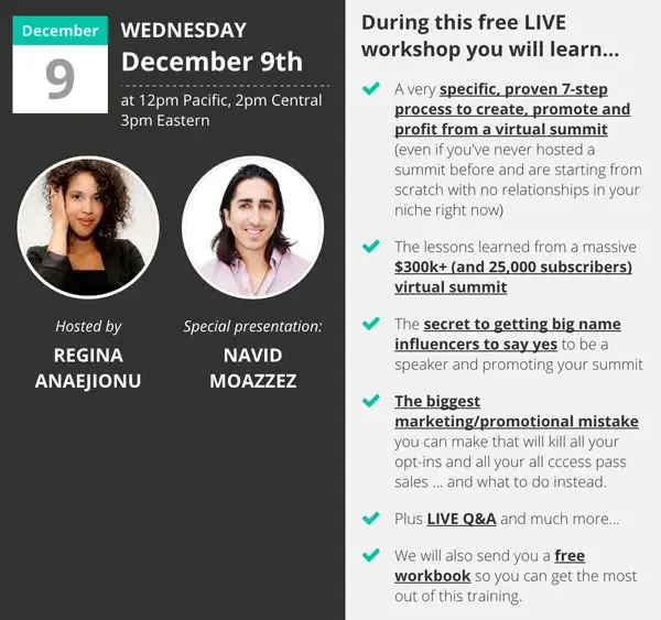The registration page for Navid Moazzez's workshop with Regina Anaejionu