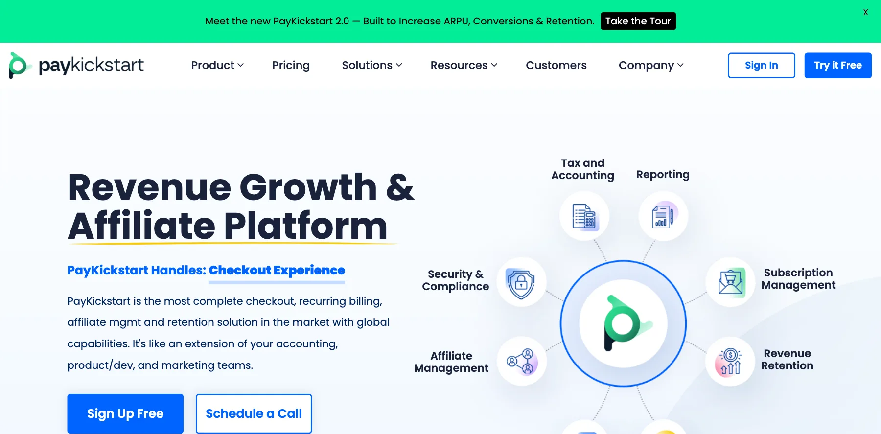 PayKickstart's home page: the revenue growth and affiliate platform