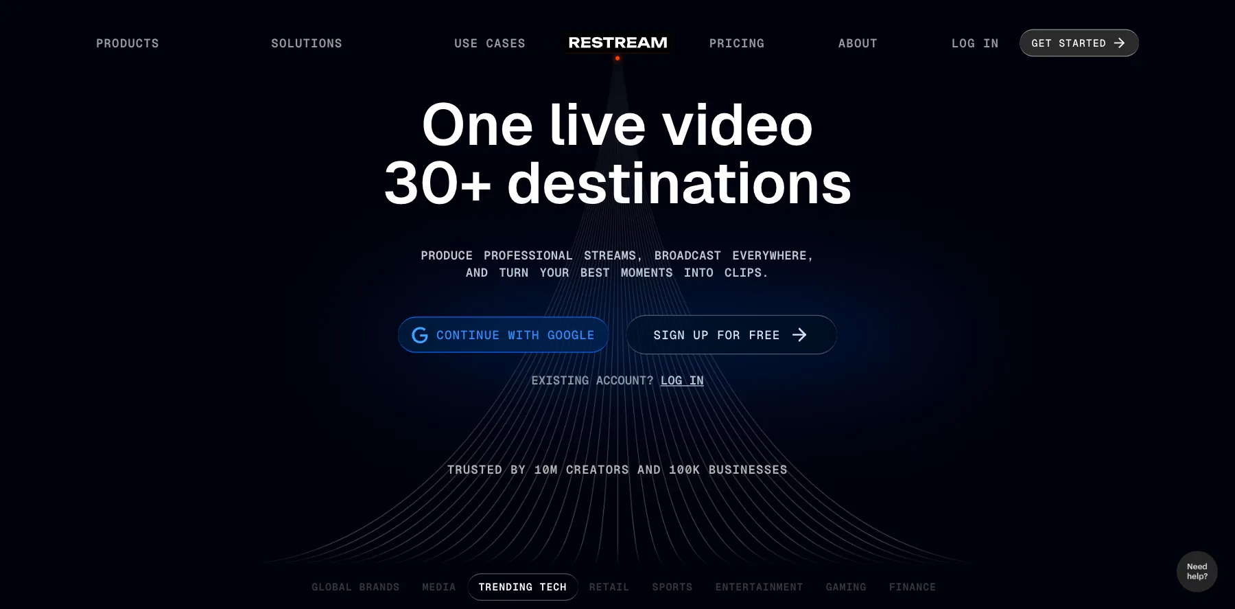 Restream's home page: one live video, 30+ destinations