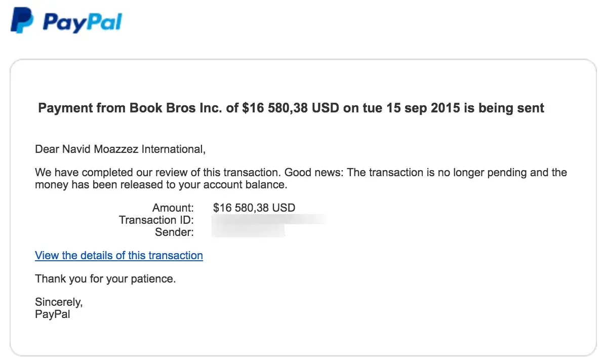 Making money from virtual events with services: Navid Moazzez’s PayPal payment after the Self-Publishing Success Summit