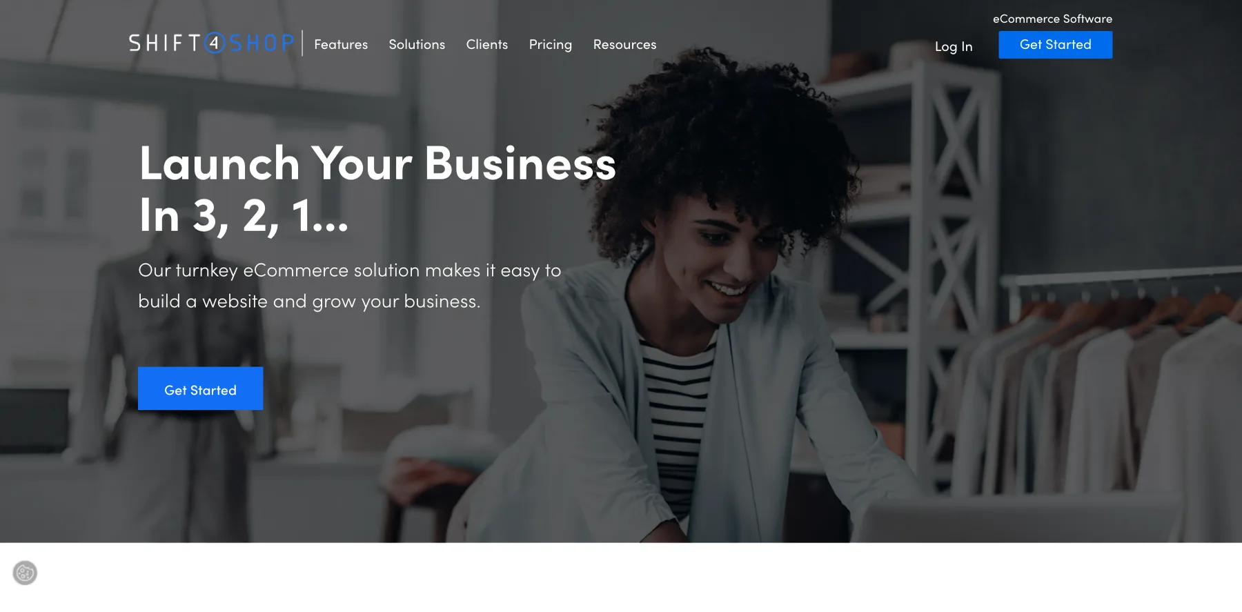 Shift4Shop's home page: launch your business in 3, 2, 1