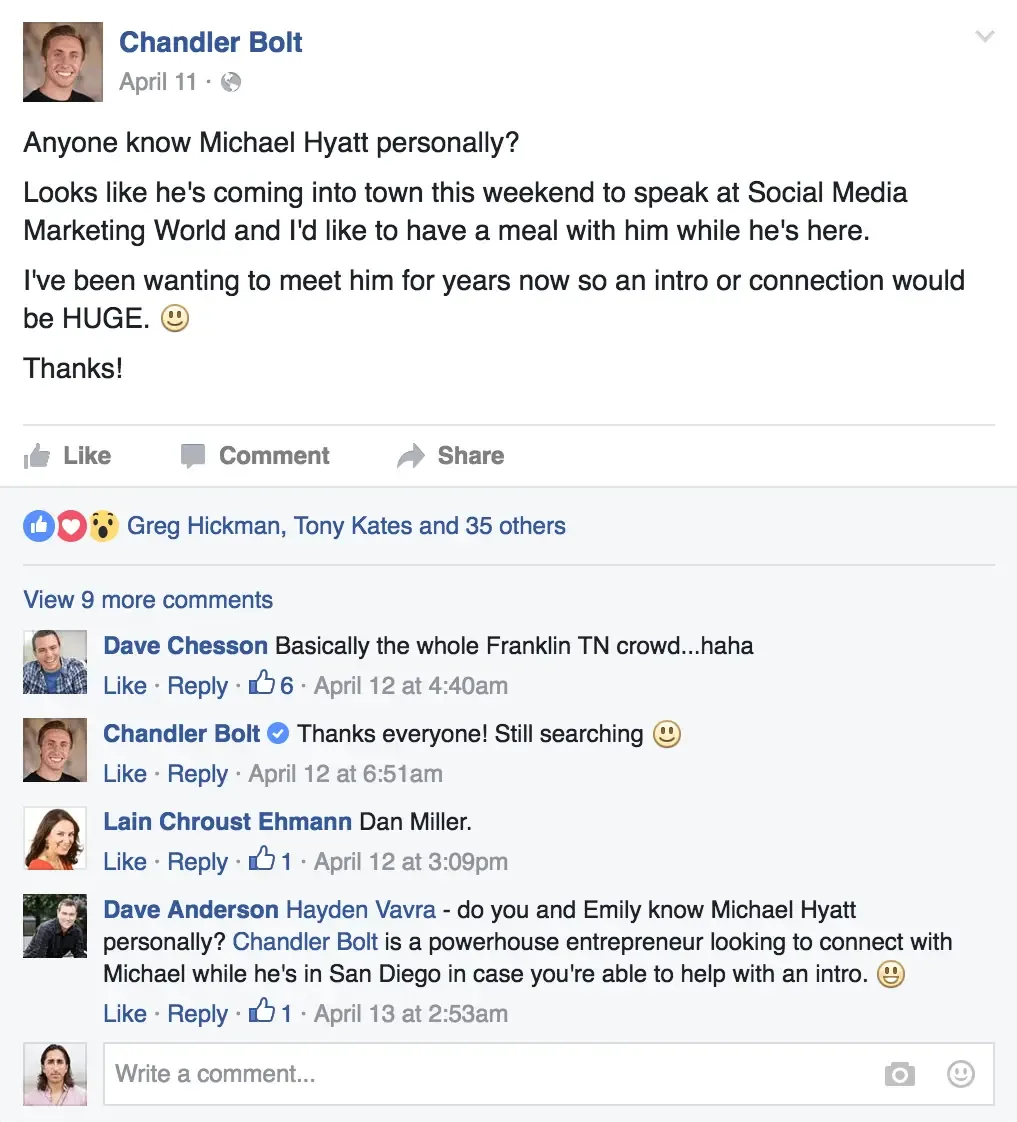 Chandler Bolt asks his network for an introduction to Michael Hyatt