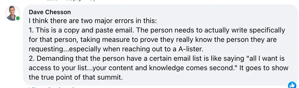 Influencer marketing mistakes: Dave Chesson's comment on a copy-paste summit invite