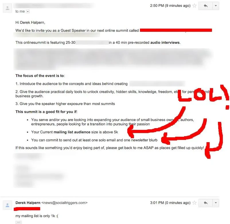 Influencer marketing mistakes: Derek Halpern's reply to a summit invite with list size requirements