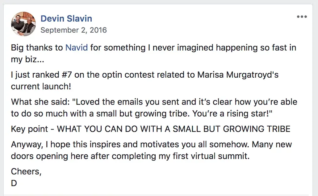 How to monetize virtual events with affiliate marketing: Devin Slavin’s affiliate contest thank-you post