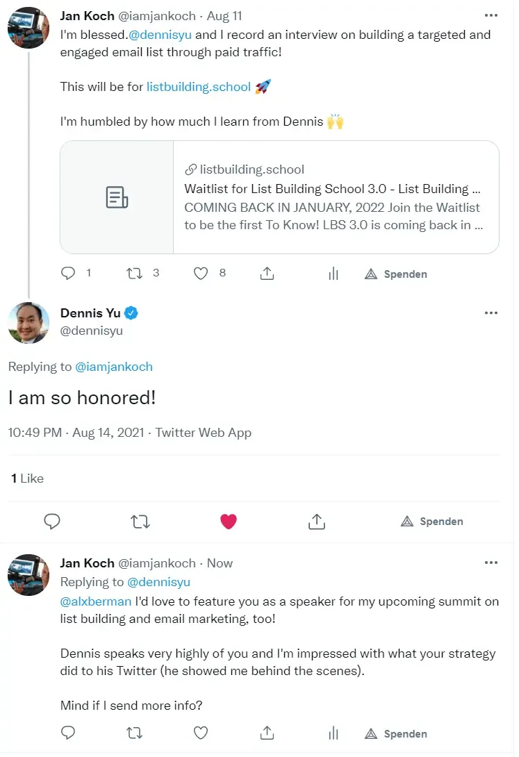 How to build relationships with influencers - Jan Koch influencer outreach to Dennis Yu