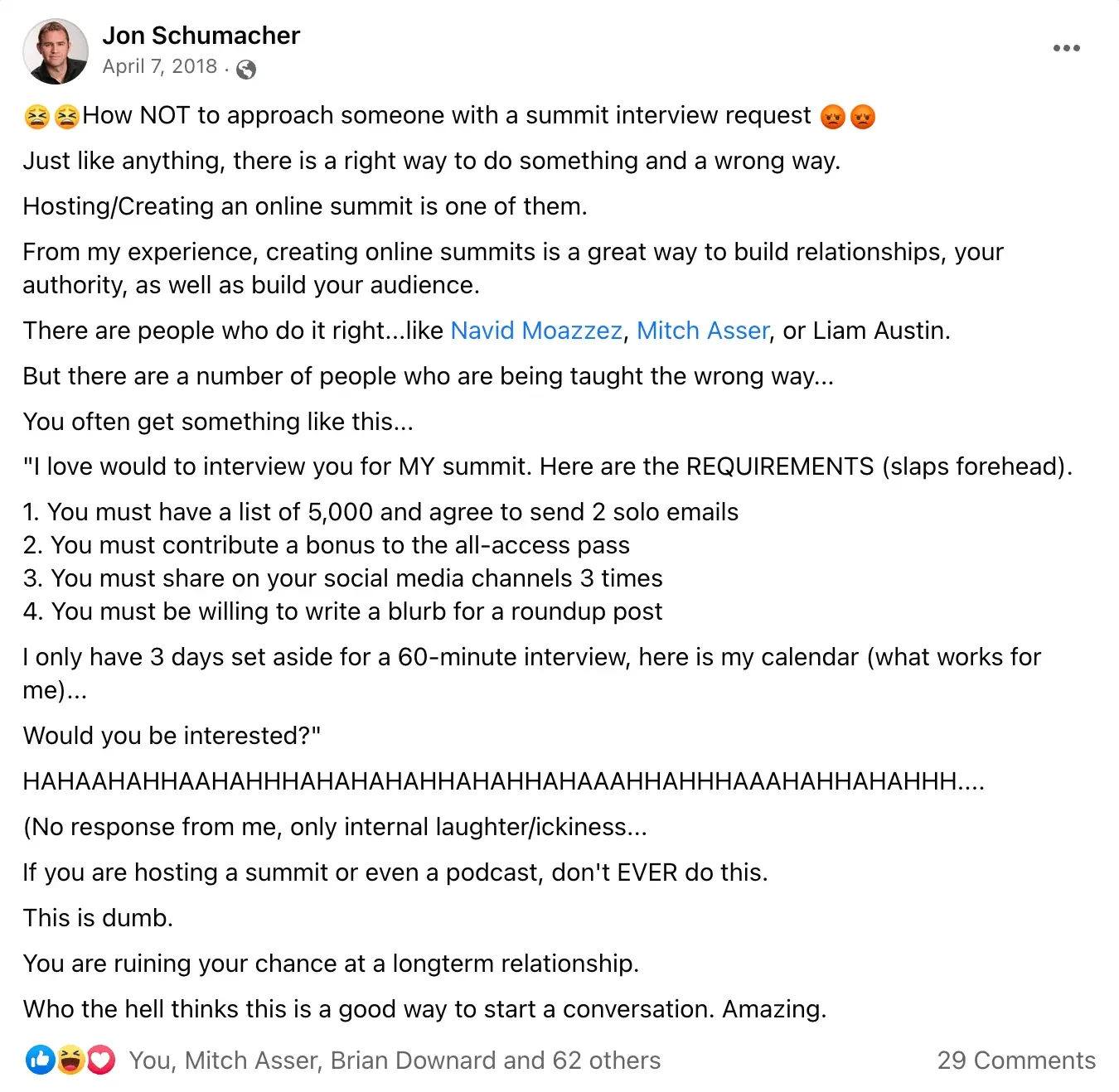 Influencer marketing mistakes: Jon Schumacher's post about how not to request a summit interview