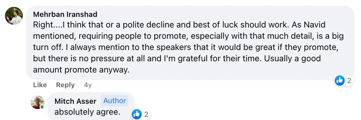 Influencer marketing mistakes: Mehrban Iranshad's reply to the assistant invite