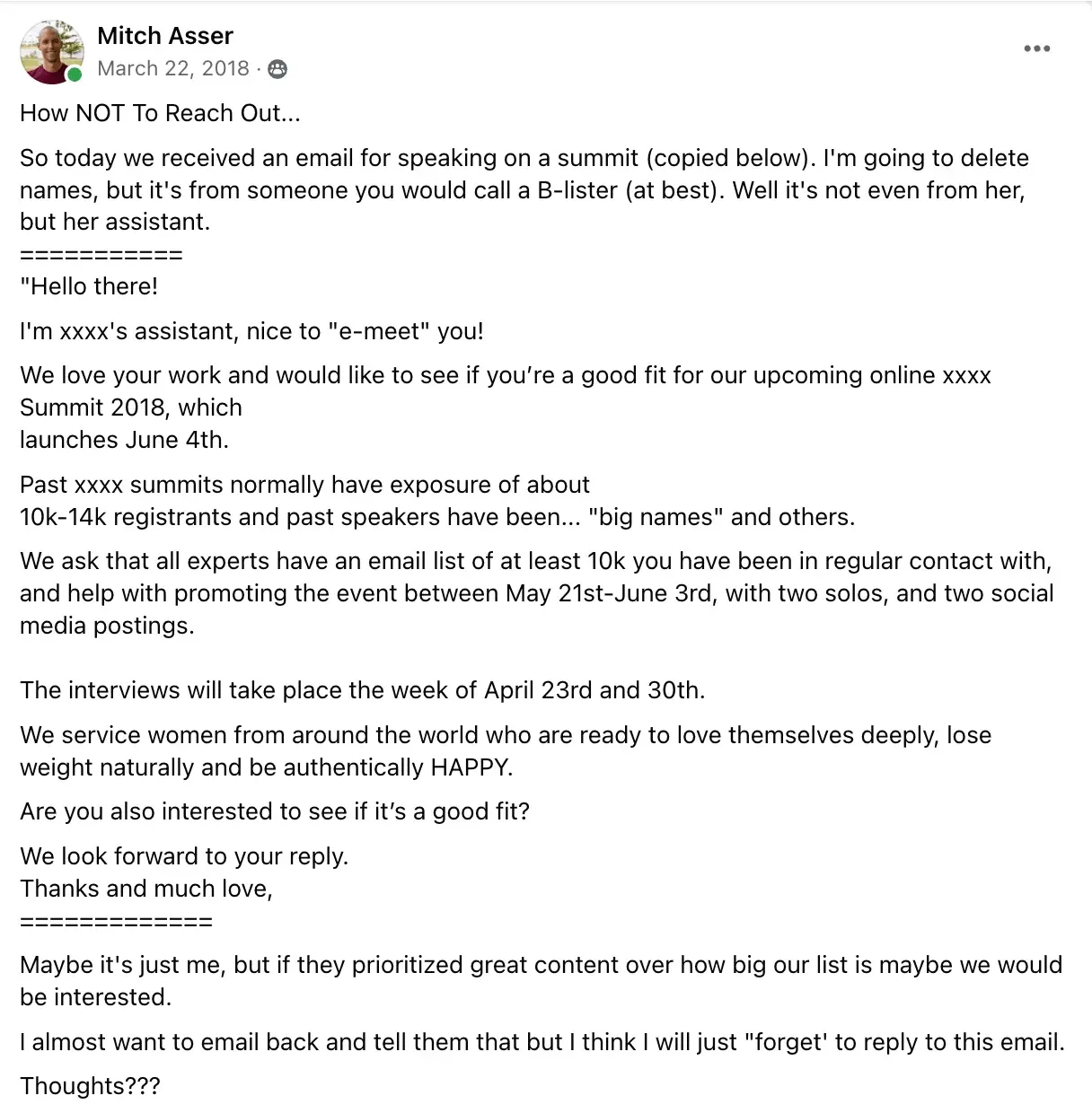 Influencer marketing mistakes: Mitch Asser shares a summit invite sent by an assistant