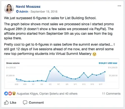 How to monetize virtual events: Navid Moazzez’s post about List Building School’s 6-figure pre-summit sales