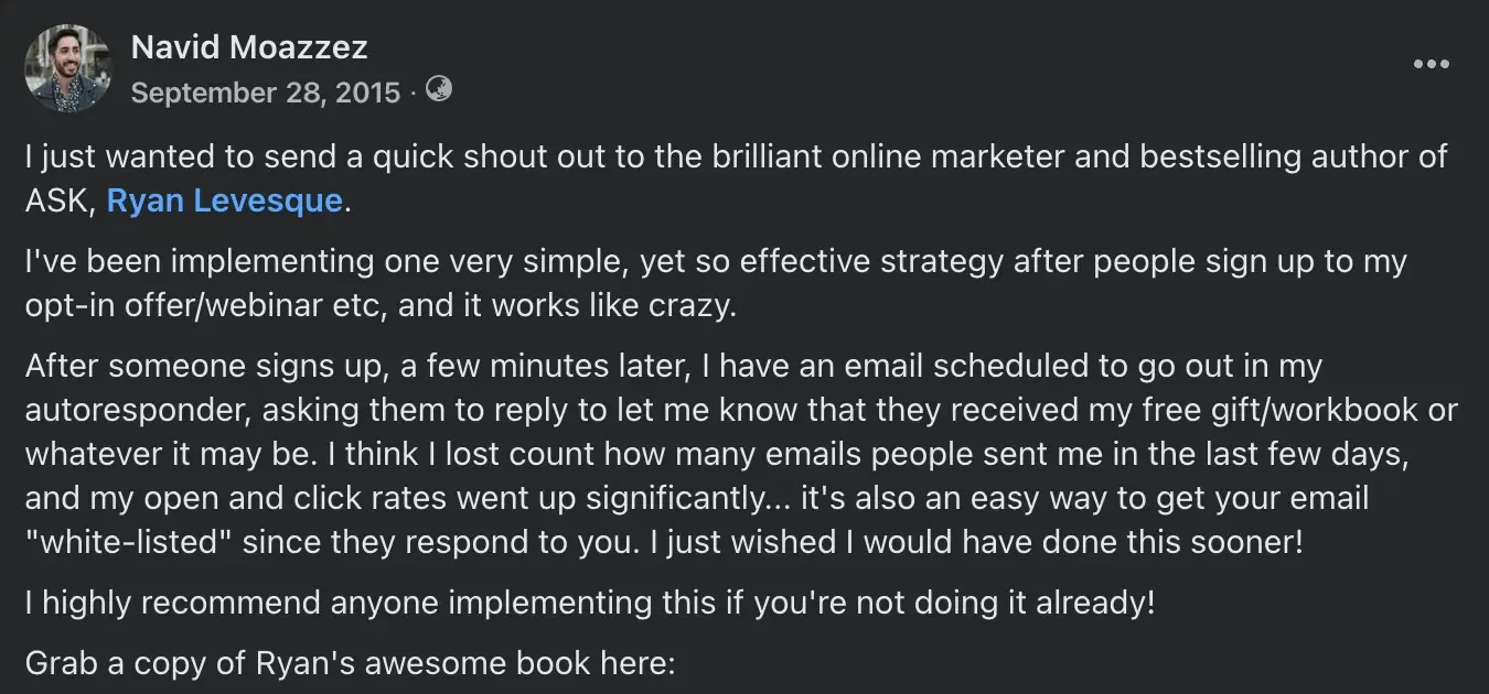 How to build relationships with influencers - thank influencers publicly - Ryan Levesque ASK Book