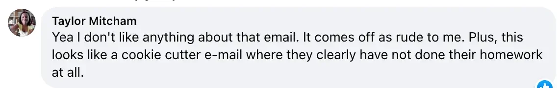 Influencer marketing mistakes: Taylor Mitcham's reply to the assistant invite