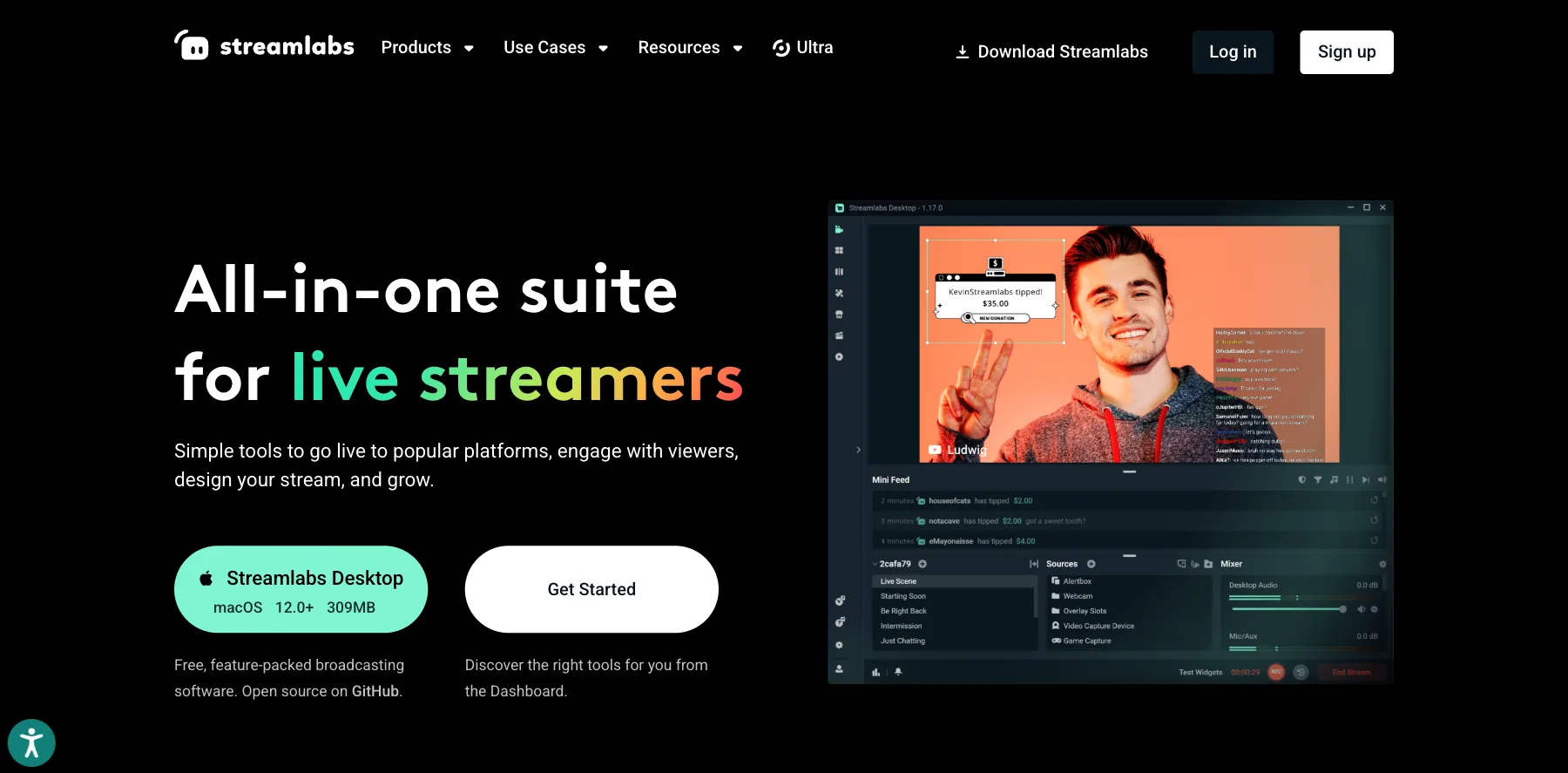 Streamlabs' home page: an all-in-one suite for live streamers