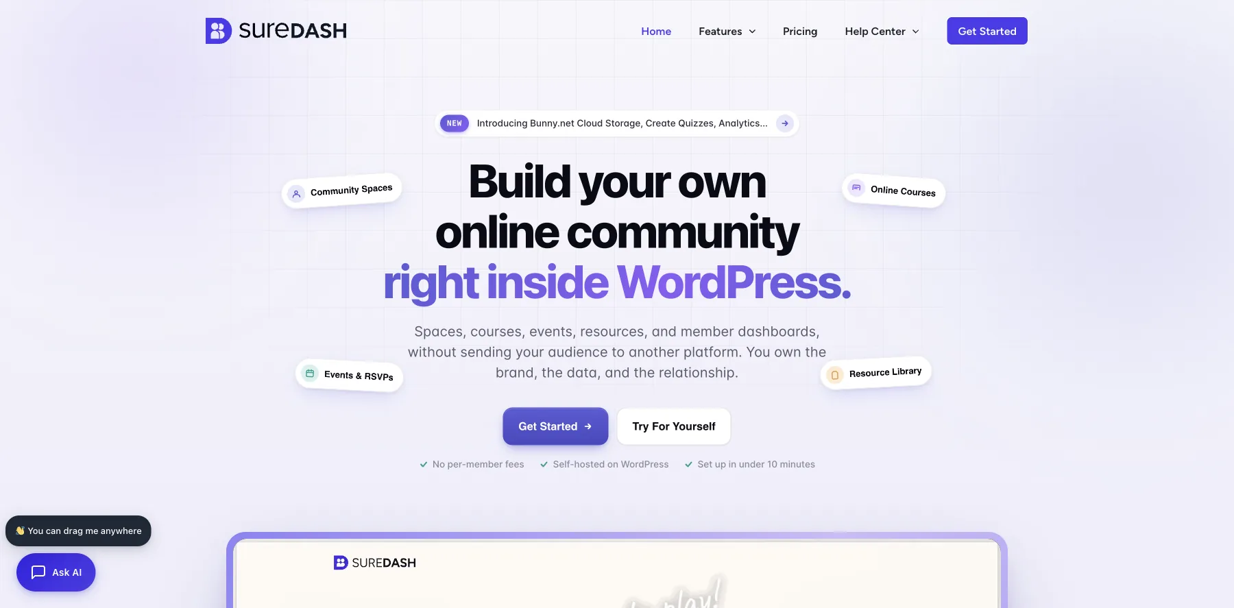 SureDash's home page: build your own online community right inside WordPress