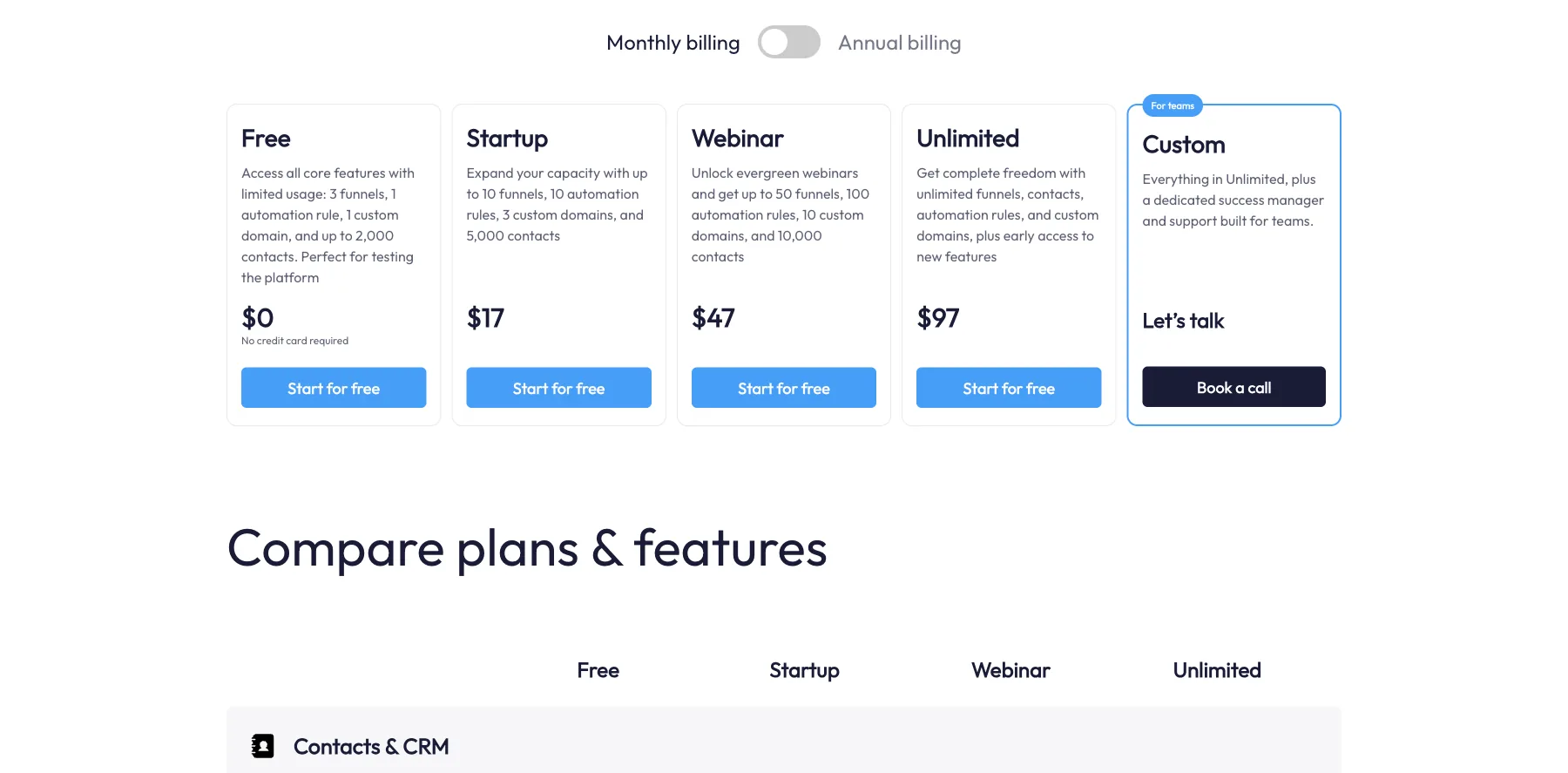 Systeme.io's plans with monthly billing: Free, Startup, Webinar and Unlimited