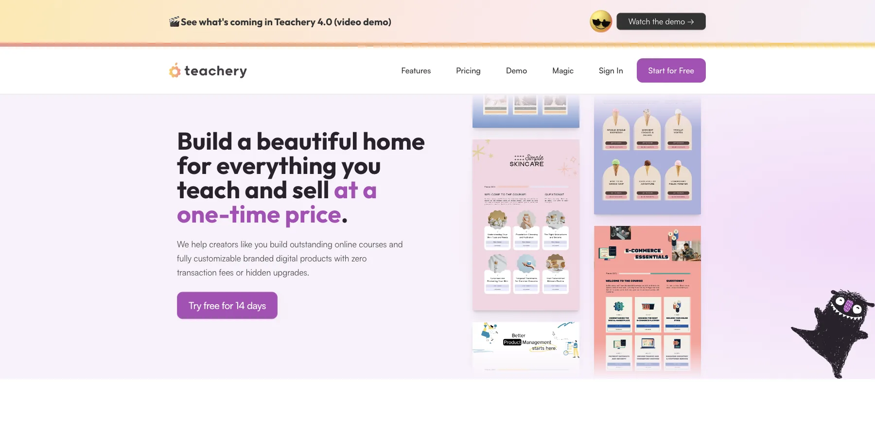 Teachery's home page: build a beautiful home for everything you teach and sell at a one-time price