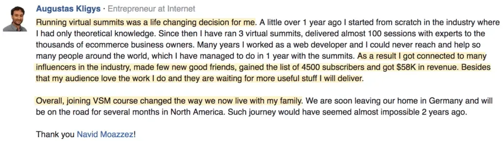 Augustas Kligys virtual summit testimonial for Navid Moazzez, Best virtual event examples