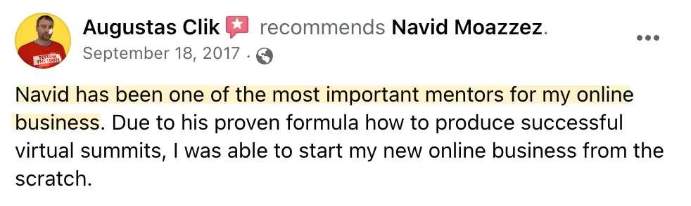 Augustas testimonial for Navid Moazzez, Best online event examples
