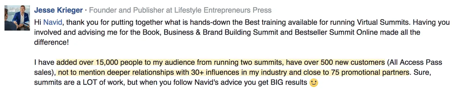 Best virtual event examples, Bestseller Summit Online, Jesse Krieger summit results