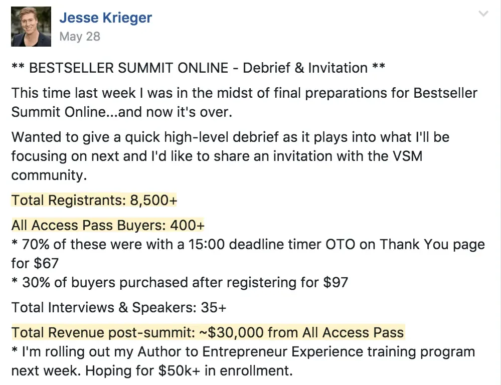 Best online event examples, Bestseller Summit Online results, Jesse Krieger