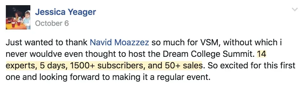Dream College Summit, Jessica Yeager, Virtual Summit Mastery review, Navid Moazzez testimonial
