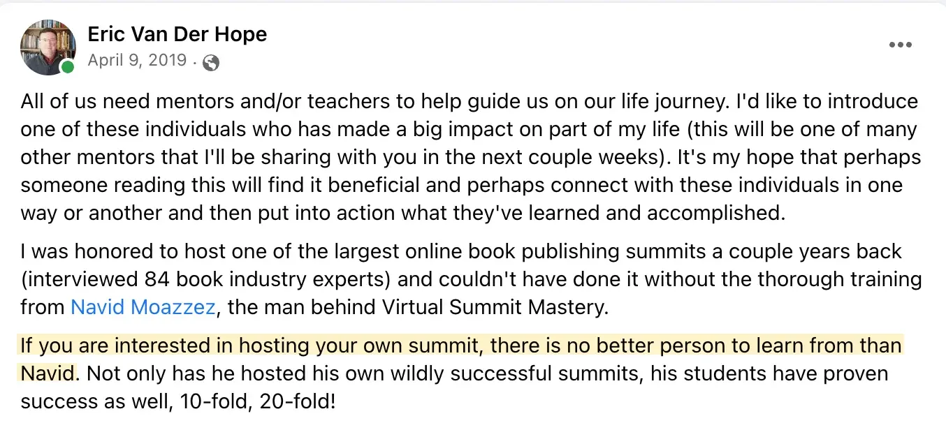 Eric Van Der Hope, Publishing Success Summit results, Best virtual event examples