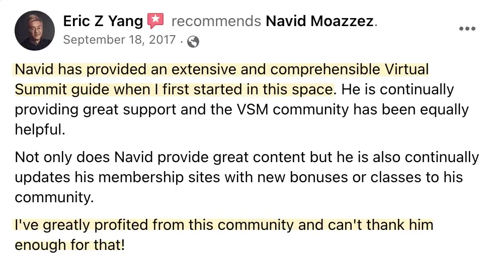 Eric Yang Navid virtual summit testimonial, best virtual event examples