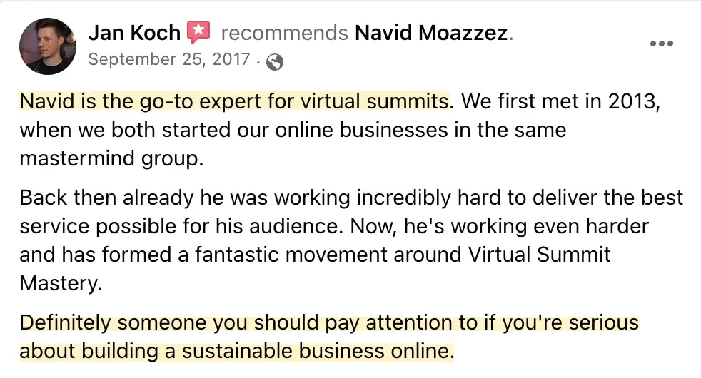 Jan Koch review for Navid Moazzez, Best virtual event examples