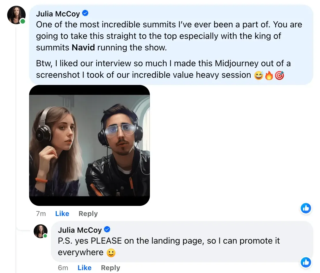 How to build relationships with influencers - Julia McCoy testimonial for Navid Moazzez AI for Creators summit